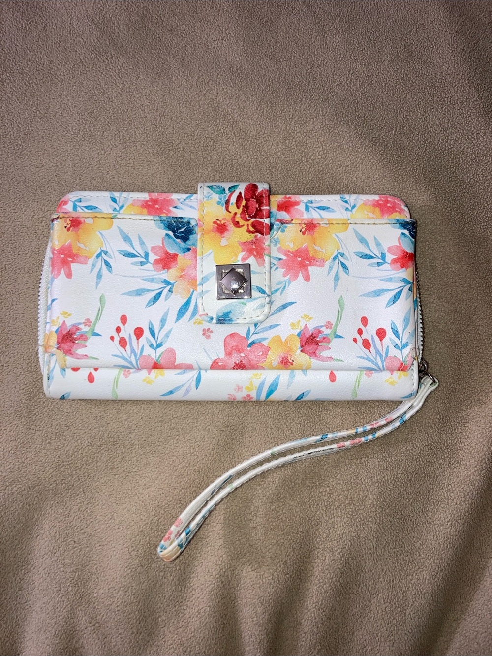 Floral Print Wristlet Wallet - White with pink, yellow, and blue floral pattern